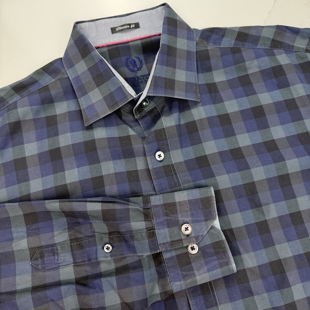 Bugatchi Button Up Shirt Mens L (SEE MEASUREMENTS) Blue Check Classic Fit Preppy